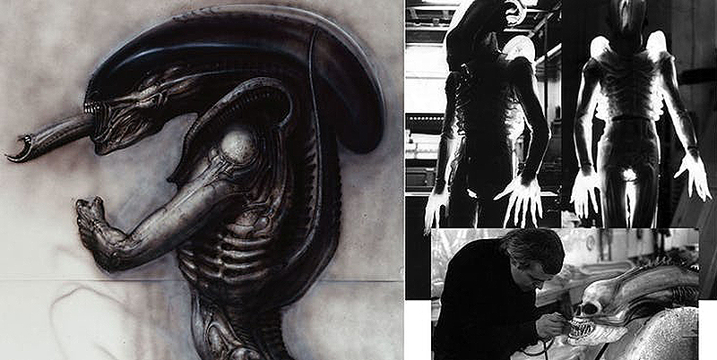 Izquierda: un boceto de H.R. Giger. Derecha: primer prototipo de disfraz y el artista retocando una escultura.